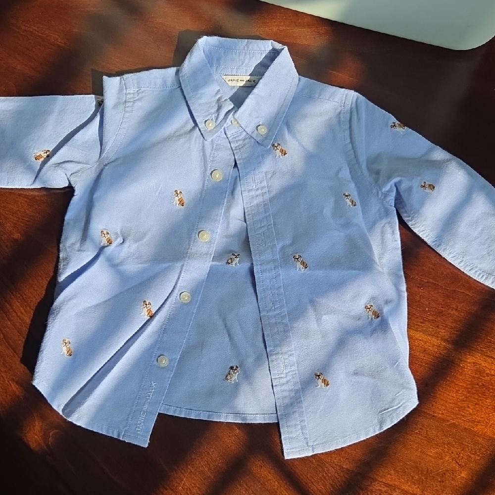 Janie and Jack Light Blue Button Down Shirt with Embroidered Dogs